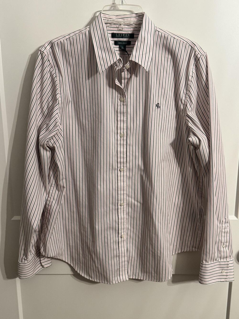 Lauren Ralph Lauren XL White pink Stripe Non Iron Button Office Preppy Academia